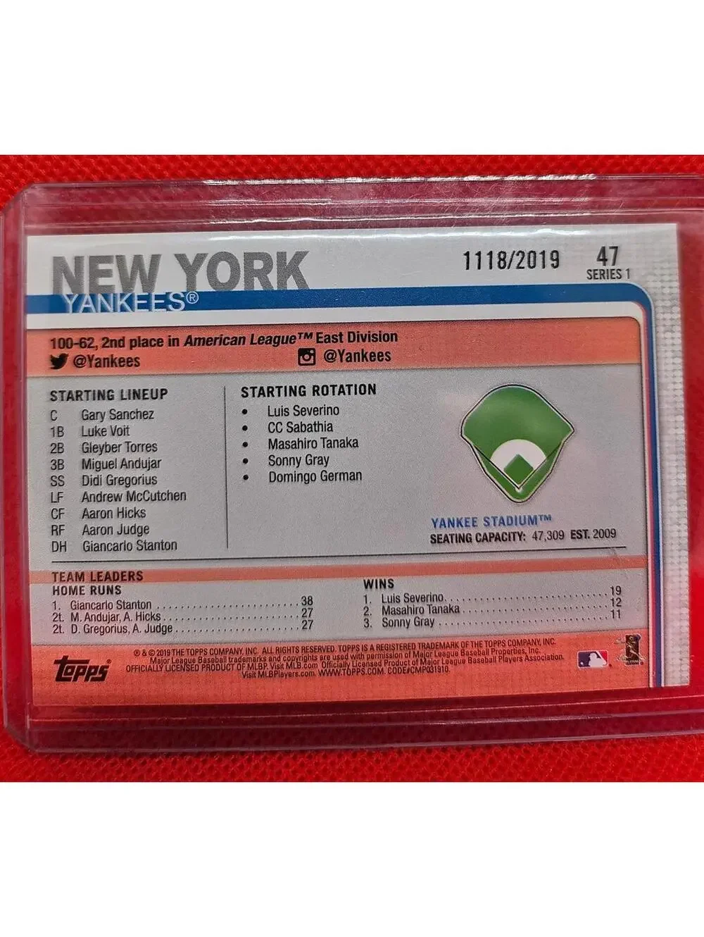 2019 Topps - Yankee Stadium Card #47 - Parallel insert - No. 1118/2019
